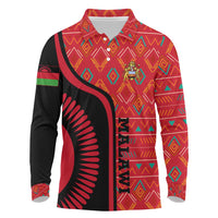 Malawi Patterns Long Sleeve Polo Shirt Blended with Flag Colors & National Emblem - Cultural Fusion Design