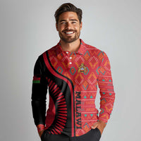 Malawi Patterns Long Sleeve Polo Shirt Blended with Flag Colors & National Emblem - Cultural Fusion Design