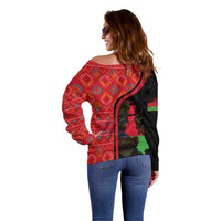 Malawi Patterns Off Shoulder Sweater Blended with Flag Colors & National Emblem - Cultural Fusion Design