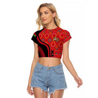 Malawi Patterns Raglan Cropped T Shirt Blended with Flag Colors & National Emblem - Cultural Fusion Design