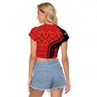 Malawi Patterns Raglan Cropped T Shirt Blended with Flag Colors & National Emblem - Cultural Fusion Design