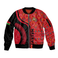 Malawi Patterns Sleeve Zip Bomber Jacket Blended with Flag Colors & National Emblem - Cultural Fusion Design