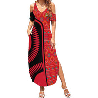 Malawi Patterns Summer Maxi Dress Blended with Flag Colors & National Emblem - Cultural Fusion Design