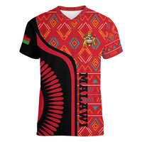 Malawi Patterns Women V-Neck T-Shirt Blended with Flag Colors & National Emblem - Cultural Fusion Design