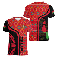 Malawi Patterns Women V-Neck T-Shirt Blended with Flag Colors & National Emblem - Cultural Fusion Design