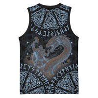 Thor and Jormungandr Norse Mythology Viking Basketball Jersey Celtic Knot and Rune Art Style
