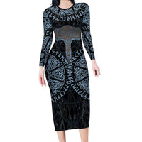 Thor and Jormungandr Norse Mythology Viking Long Sleeve Bodycon Dress Celtic Knot and Rune Art Style