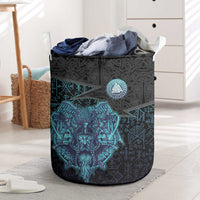 Viking Warrior and Raven Norse Mythology Laundry Basket Neon Line Art with Rune Patterns