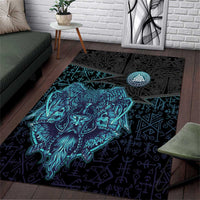 Viking Warrior and Raven Norse Mythology Area Rug Neon Line Art with Rune Patterns