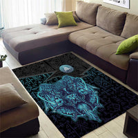 Viking Warrior and Raven Norse Mythology Area Rug Neon Line Art with Rune Patterns