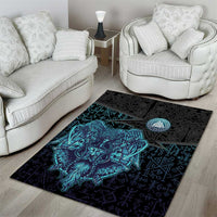 Viking Warrior and Raven Norse Mythology Area Rug Neon Line Art with Rune Patterns