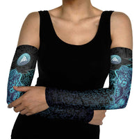 Viking Warrior and Raven Norse Mythology Arm Sleeves Neon Line Art with Rune Patterns