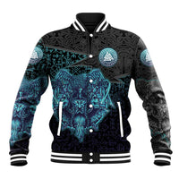 Viking Warrior and Raven Norse Mythology Baseball Jacket Neon Line Art with Rune Patterns