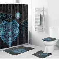 Viking Warrior and Raven Norse Mythology Bathroom Set Neon Line Art with Rune Patterns
