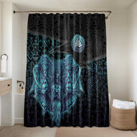 Viking Warrior and Raven Norse Mythology Bathroom Set Neon Line Art with Rune Patterns