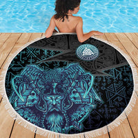 Viking Warrior and Raven Norse Mythology Beach Blanket Neon Line Art with Rune Patterns