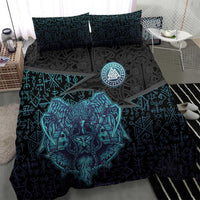 Viking Warrior and Raven Norse Mythology Bedding Set Neon Line Art with Rune Patterns