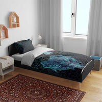 Viking Warrior and Raven Norse Mythology Bedding Set Neon Line Art with Rune Patterns