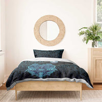 Viking Warrior and Raven Norse Mythology Bedding Set Neon Line Art with Rune Patterns