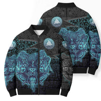 Viking Warrior and Raven Norse Mythology Bomber Puffer Jacket Neon Line Art with Rune Patterns