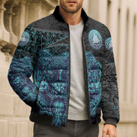 Viking Warrior and Raven Norse Mythology Bomber Puffer Jacket Neon Line Art with Rune Patterns