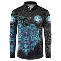 Viking Warrior and Raven Norse Mythology Button Sweatshirt Neon Line Art with Rune Patterns
