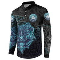 Viking Warrior and Raven Norse Mythology Button Sweatshirt Neon Line Art with Rune Patterns