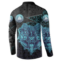 Viking Warrior and Raven Norse Mythology Button Sweatshirt Neon Line Art with Rune Patterns