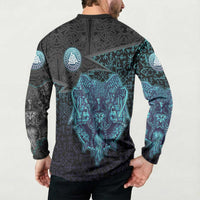 Viking Warrior and Raven Norse Mythology Button Sweatshirt Neon Line Art with Rune Patterns