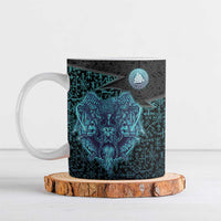 Viking Warrior and Raven Norse Mythology Ceramic Mug Neon Line Art with Rune Patterns