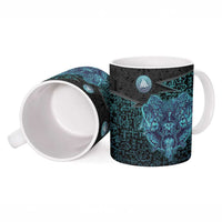 Viking Warrior and Raven Norse Mythology Ceramic Mug Neon Line Art with Rune Patterns