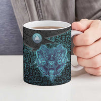 Viking Warrior and Raven Norse Mythology Ceramic Mug Neon Line Art with Rune Patterns