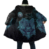Viking Warrior and Raven Norse Mythology Cloak Neon Line Art with Rune Patterns
