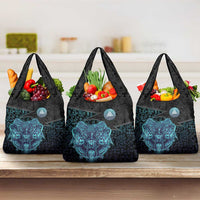 Viking Warrior and Raven Norse Mythology Grocery Bag Neon Line Art with Rune Patterns