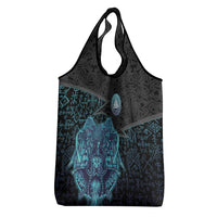 Viking Warrior and Raven Norse Mythology Grocery Bag Neon Line Art with Rune Patterns