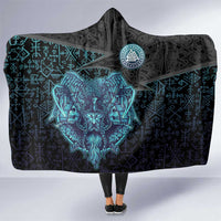 Viking Warrior and Raven Norse Mythology Hooded Blanket Neon Line Art with Rune Patterns