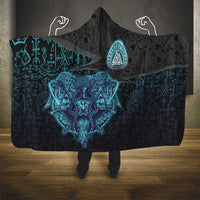 Viking Warrior and Raven Norse Mythology Hooded Blanket Neon Line Art with Rune Patterns