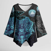 Viking Warrior and Raven Norse Mythology Kimono Sleeve Blouse Neon Line Art with Rune Patterns