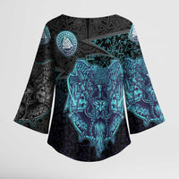 Viking Warrior and Raven Norse Mythology Kimono Sleeve Blouse Neon Line Art with Rune Patterns
