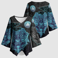 Viking Warrior and Raven Norse Mythology Kimono Sleeve Blouse Neon Line Art with Rune Patterns
