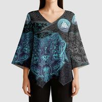 Viking Warrior and Raven Norse Mythology Kimono Sleeve Blouse Neon Line Art with Rune Patterns