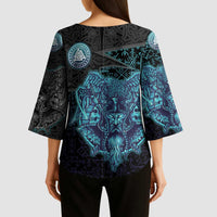 Viking Warrior and Raven Norse Mythology Kimono Sleeve Blouse Neon Line Art with Rune Patterns