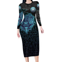 Viking Warrior and Raven Norse Mythology Long Sleeve Bodycon Dress Neon Line Art with Rune Patterns