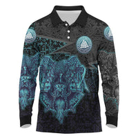 Viking Warrior and Raven Norse Mythology Long Sleeve Polo Shirt Neon Line Art with Rune Patterns