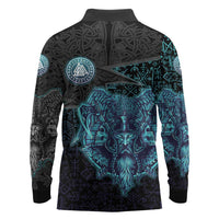 Viking Warrior and Raven Norse Mythology Long Sleeve Polo Shirt Neon Line Art with Rune Patterns