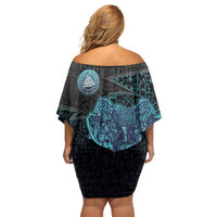 Viking Warrior and Raven Norse Mythology Off Shoulder Short Dress Neon Line Art with Rune Patterns