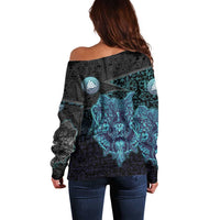 Viking Warrior and Raven Norse Mythology Off Shoulder Sweater Neon Line Art with Rune Patterns