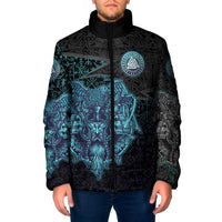 Viking Warrior and Raven Norse Mythology Padded Jacket Neon Line Art with Rune Patterns