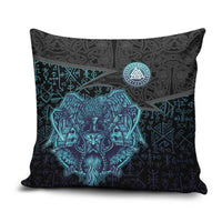 Viking Warrior and Raven Norse Mythology Pillow Cover Neon Line Art with Rune Patterns