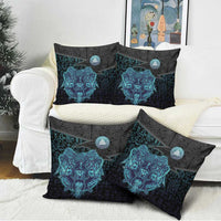 Viking Warrior and Raven Norse Mythology Pillow Cover Neon Line Art with Rune Patterns